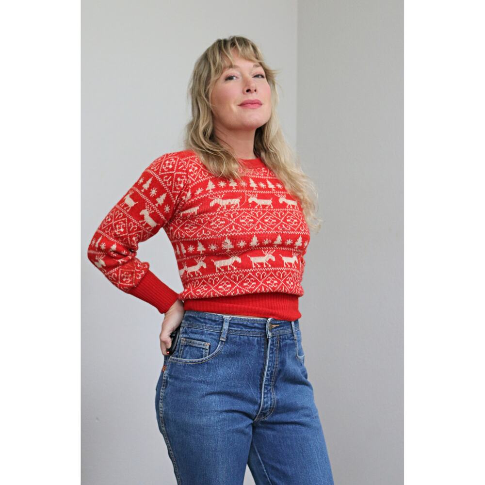 1940's Vintage Wool Holiday Reindeer Distressed Slim Fit Sweater ~ Women's XS SM